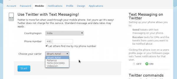 Adding Mobile number in twitter